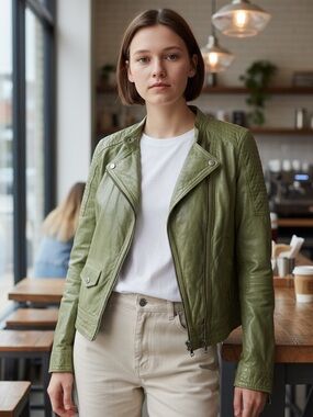 Danier Olive Green Leather Moto Jacket